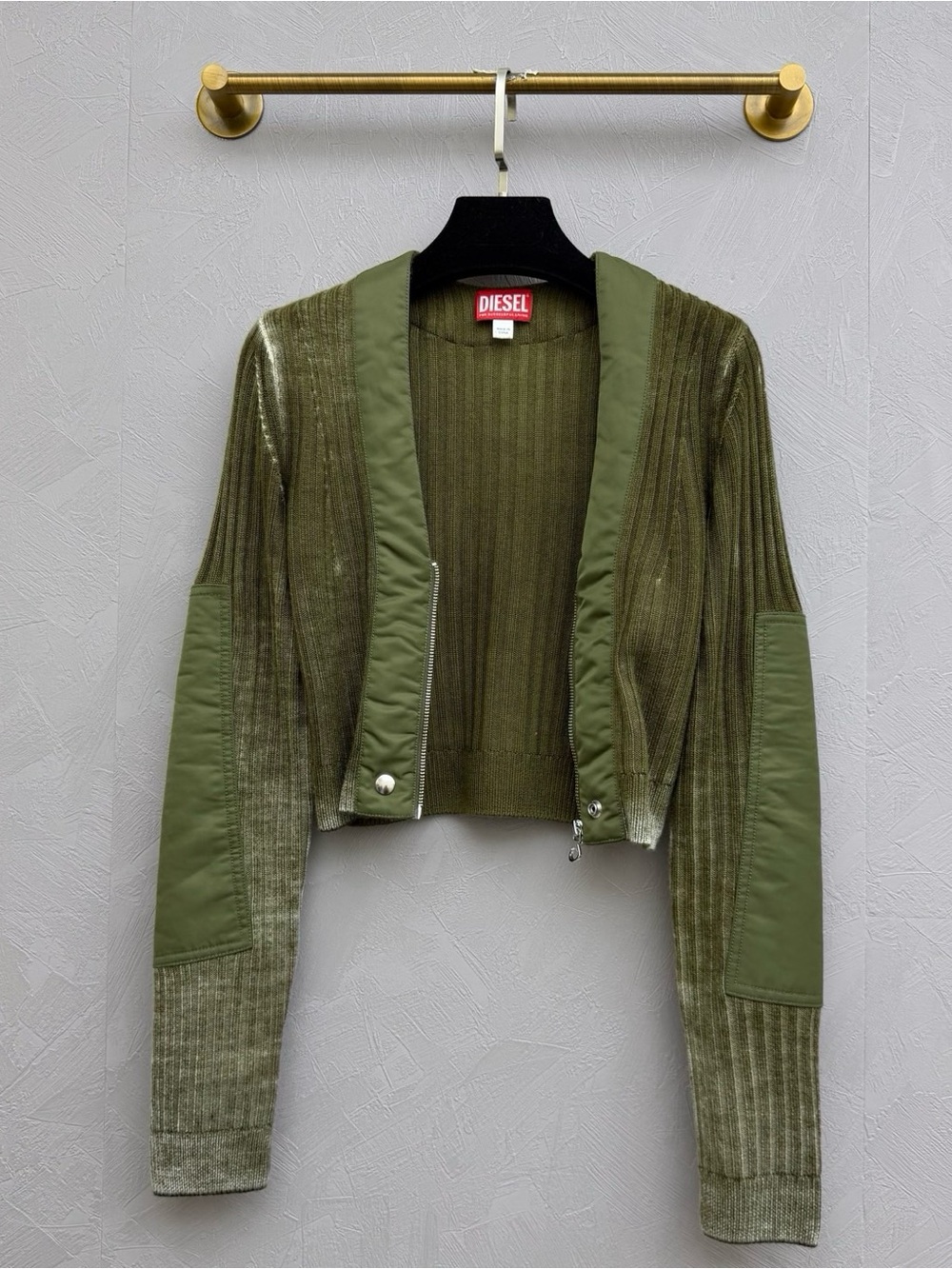 Diesel Olive Ribbed Cropped Bomber Jacket - Picture 2 of 5